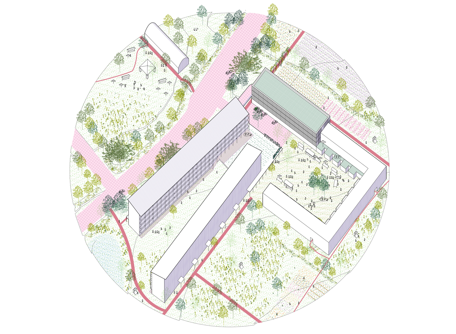 field 11; market square, ateliers, supermarket, bakery, housing, re-wilded zone