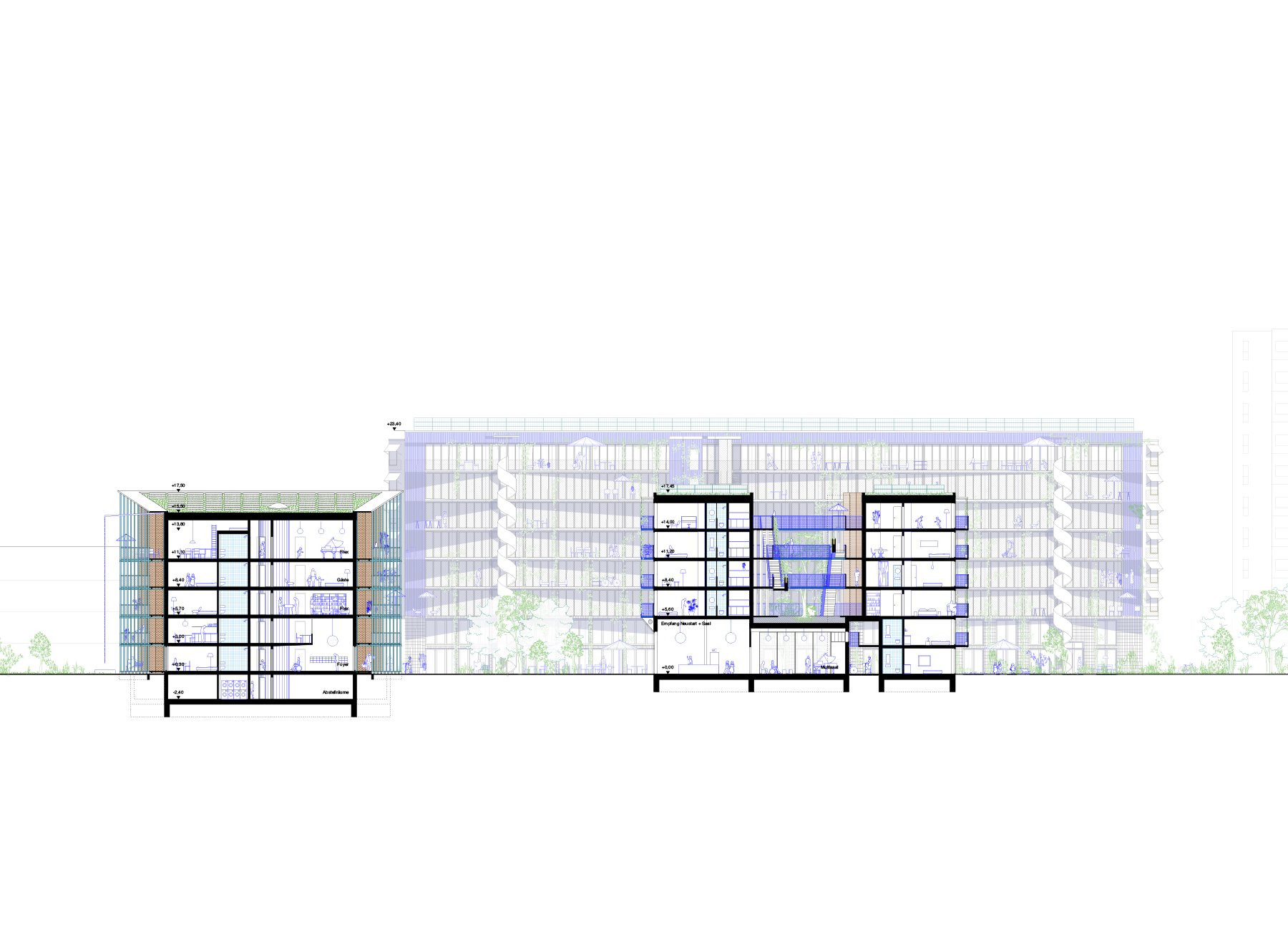 Section through House C and B
